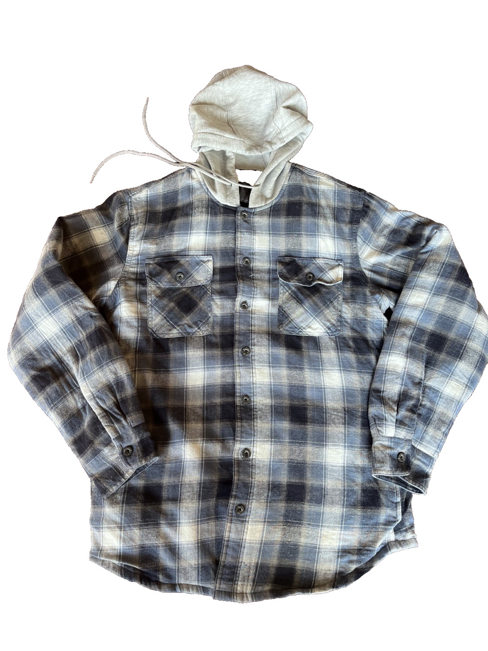 Wrangler Authentic Jacket Blue White Plaid Flannel Hooded Quilted Lined - Mediu